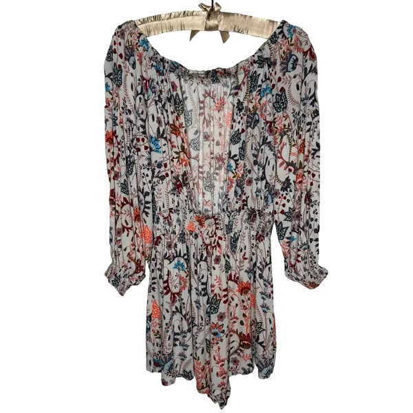 Free People M Floral Long Sleeve Off Shoulder Romper Open Back‎ Shorts Blouson - Image 4