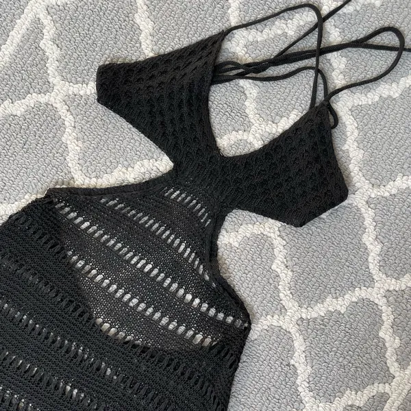 Shein black crochet cut out cover up backless knit mini dress - Image 2