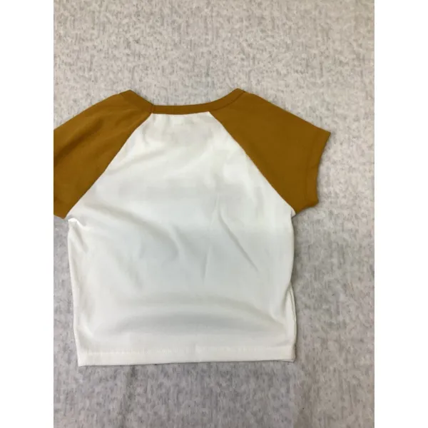 Roxy Womens Ribbed Raglan Baby Tee Mustard White Floral Logo Crop Top Size Med - Image 2