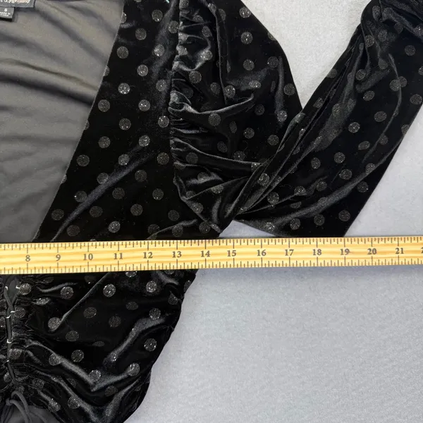 For Love & Lemons Black Velvet Polka Dot Ruched Lace Up Crop‎ Top CT1539-HO19 S - Image 4