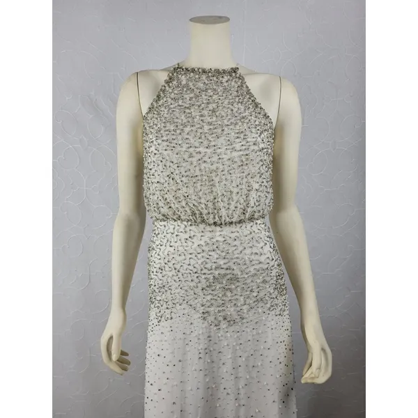 Anthropologie Womens Dress Sz S White Silver Rian Beaded Embellished Halter Maxi - Image 5