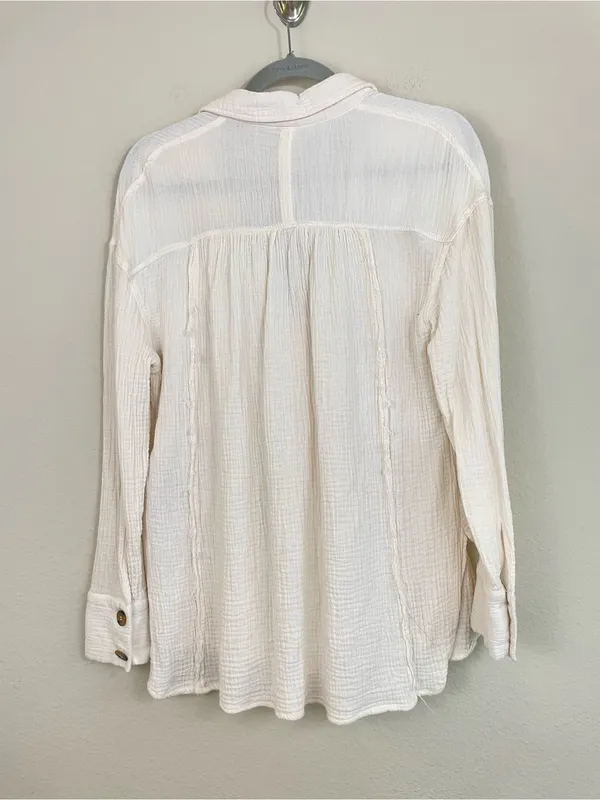 Free People "All About The Feels"‎ Ivory Gauze Crinkle Button Down Top Size XS - Image 9