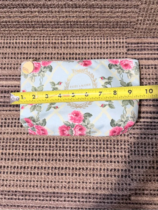 Estée Lauder Floral Cosmetic Pouch in Light Blue and Pink Rose Print - Image 8