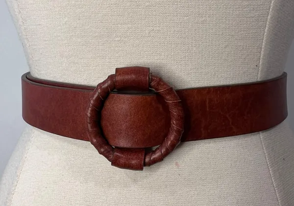 Womens Leather Boho Minimalist Brown Buckle Belt - Image 2