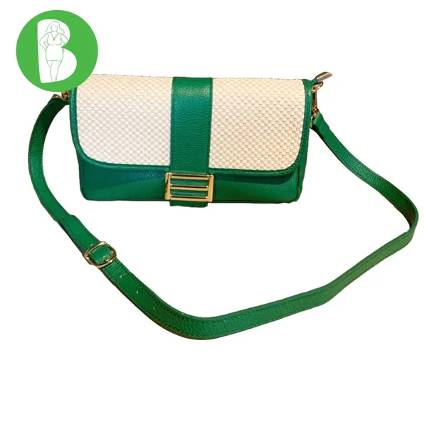 Divina Firenze Emerald Green Leather And Cream Rattan Crossbody Bag - Image 3