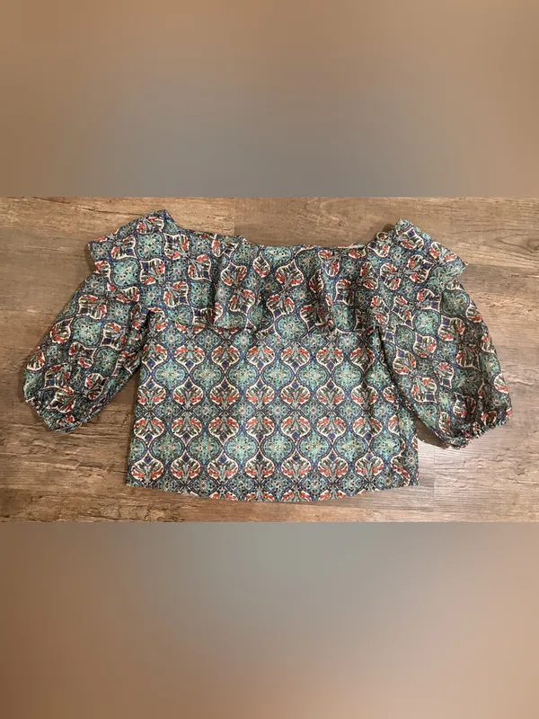 NWT Sachin & Babi Anthropologie Teal and Navy Printed Off-Shoulder Peasant Top - Image 3