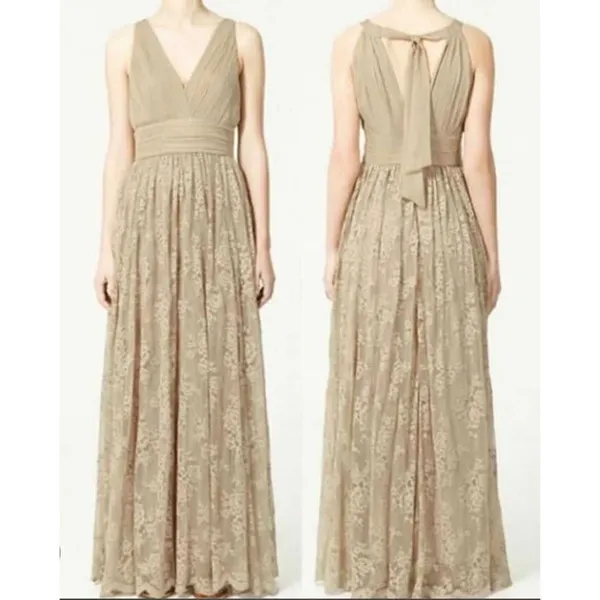 Zara Womens Champagne Floral Lace Maxi Dress Pleated V-Neck Bow Back Formal Gown - Image 2