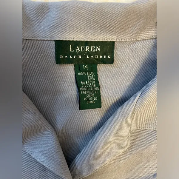 RALPH LAUREN Silk Button Front Collared Embroidered Pocket Sleep Top Size 14 - Image 9