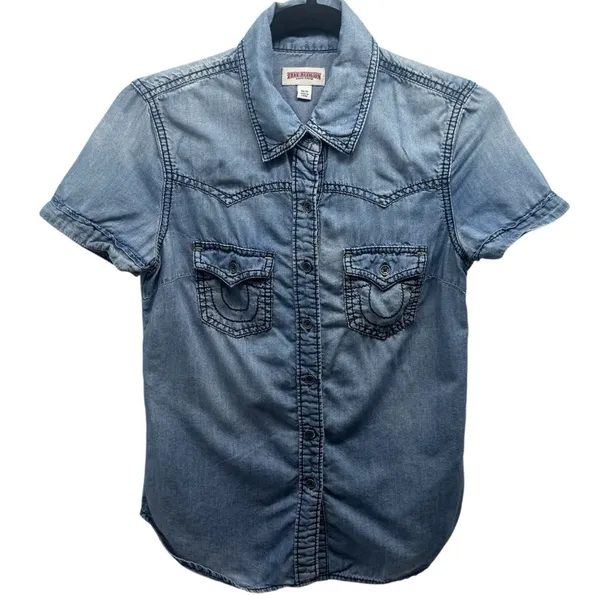 True Religion Y2K Button Front Chambray Western Rodeo‎ Top Size XS - Image 2