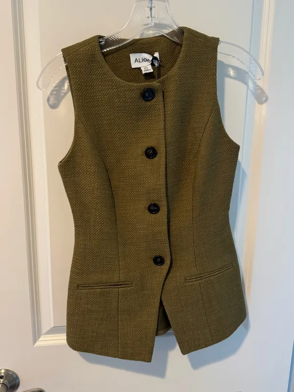 NWT Leo Long Boucle Waistcoat Sleeveless Olive Green Vest | 0 - Image 3