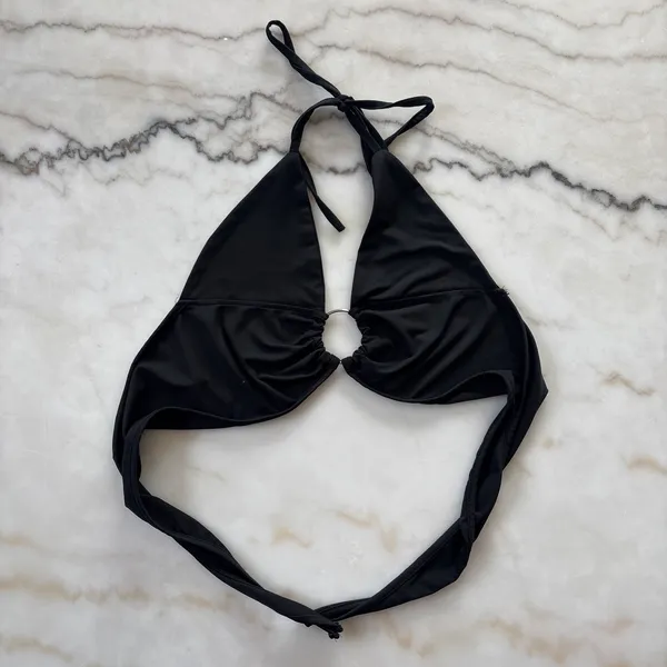 Black Ruched O-Ring Halter Neck Plunge Crop Top - Size Medium - Image 3