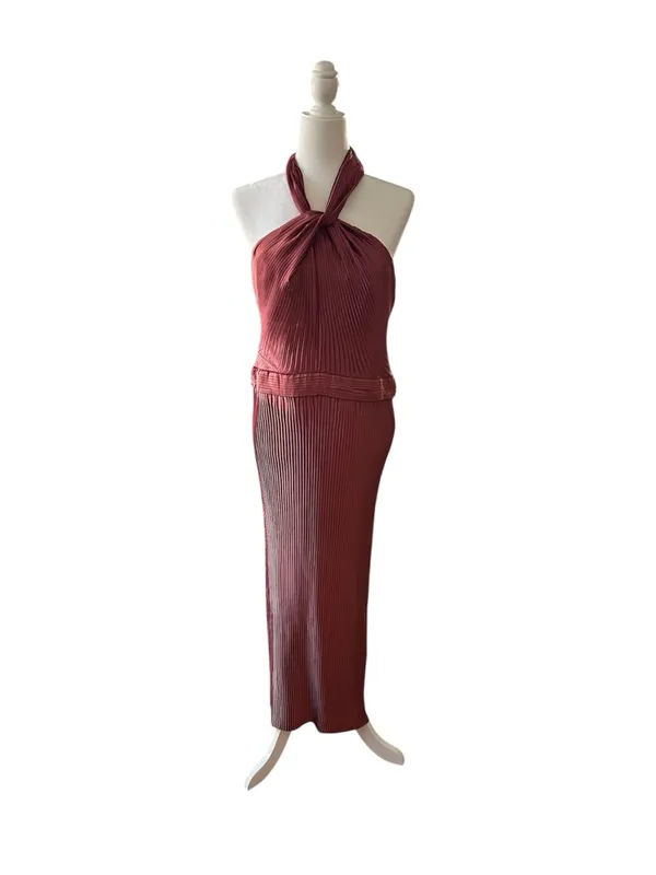 Showpo Marlette Midi Dress - Pleated Open Back Halter Dress in Rust - Image 2