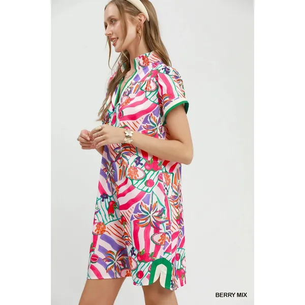 Umgee Tropical Print Collared Shift Dress - Berry Mix - Small - Image 2