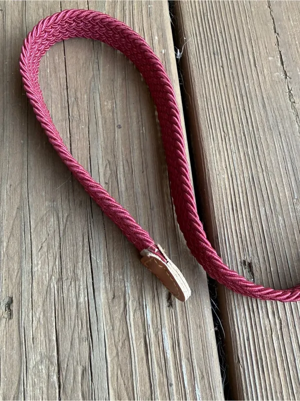 Burgundy Wine Braided Stretch Belt Gold Buckle Tan Leather Trim 45” - Image 3