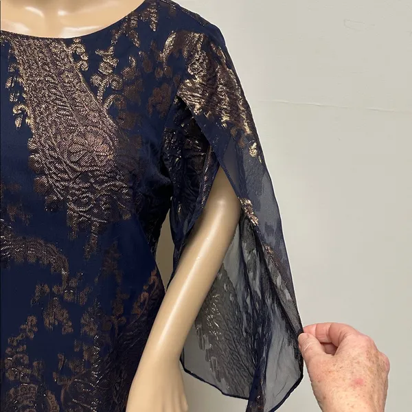 Leslie Fay Navy & Metallic Rose Gold Short Dress with split sleeves size 10 - Image 5