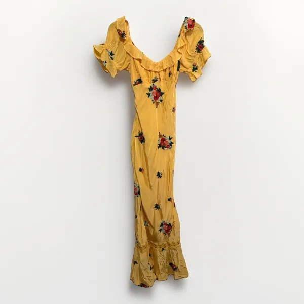 Free People Bali Santa Cruz Ruffle Maxi Dress S Yellow Floral Puff Sleeve Boho - Image 7