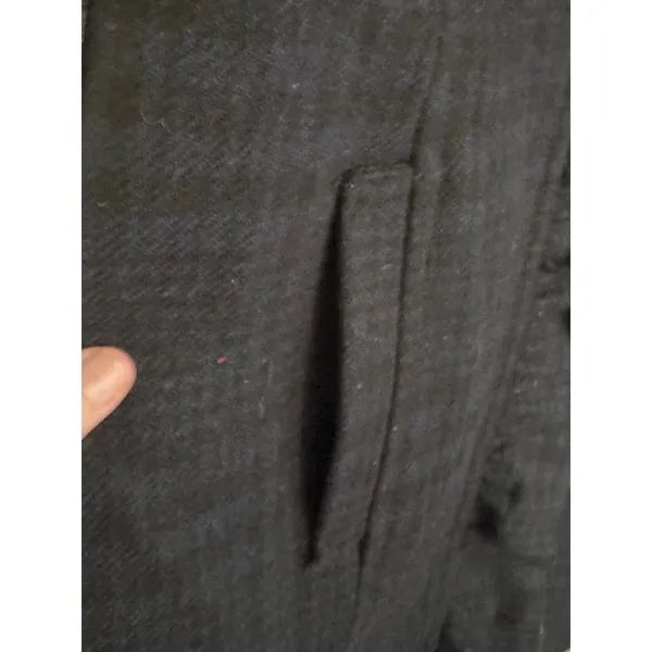 Title: Old Navy L Blue Black Plaid Wool Blend Ruffle Placket Long Coat MSRP $80 - Image 5