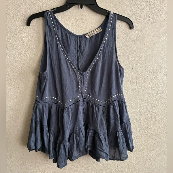 Abercrombie & Fitch Silver Sequins Dusty Blue Boho Babydoll Blouse M - Image 8