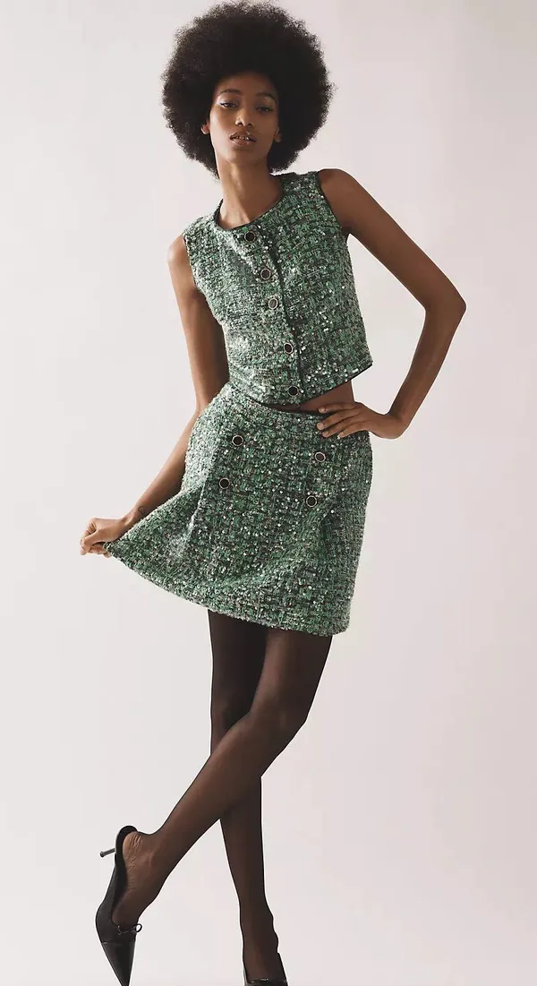 Anthropologie NWT Maeve Sequin Tweed Vest in green. Size Small - Image 4
