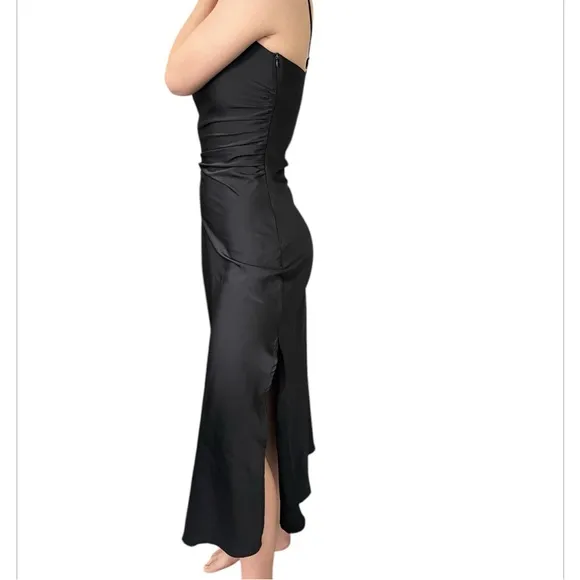 Grade & Gather Black Silky Slip Dress Gathered Side Maxi Side Slit - Image 2