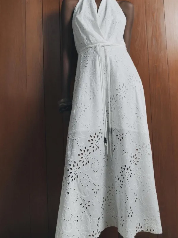 Zara White One-Shoulder Eyelet Midi Dress - Image 3