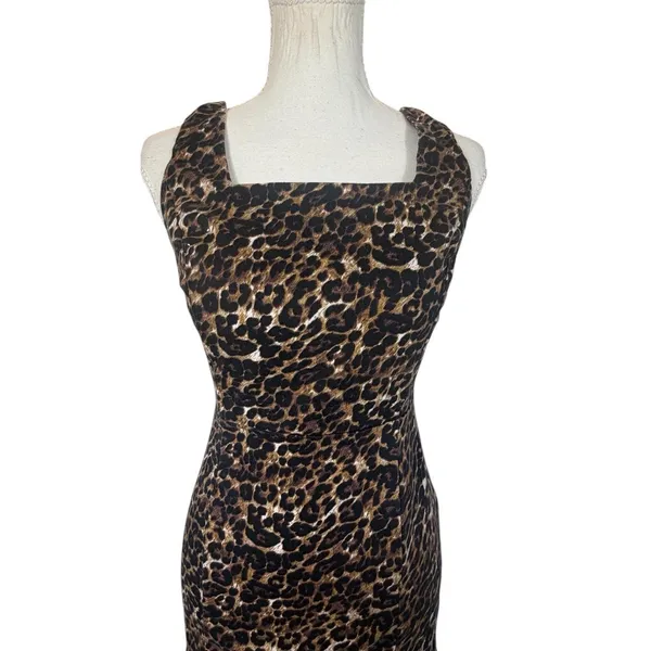 Leopard Print Mini Dress Womens XS Brown Black Square Neck Bodycon Stretch Y2K - Image 9