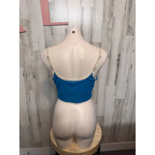 Aerie Real Good Ribbed Scoop Neck Bikini Top Blue/Cream Women’s XL - Image 2