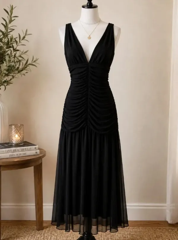 Revolve Camila Coelho Black Ruched Deep V Midi Dress Sleeveless Evening Cocktail Dress - Image 2