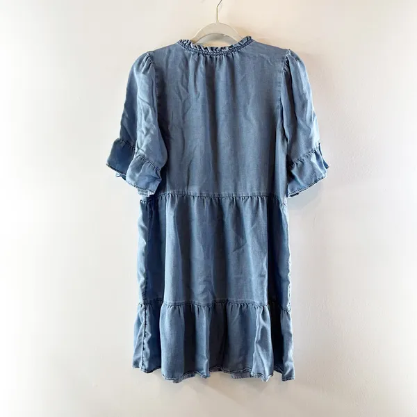 LOFT Chambray Short Ruffle Sleeve Tiered Mini Babydoll Dress Blue Medium - Image 4