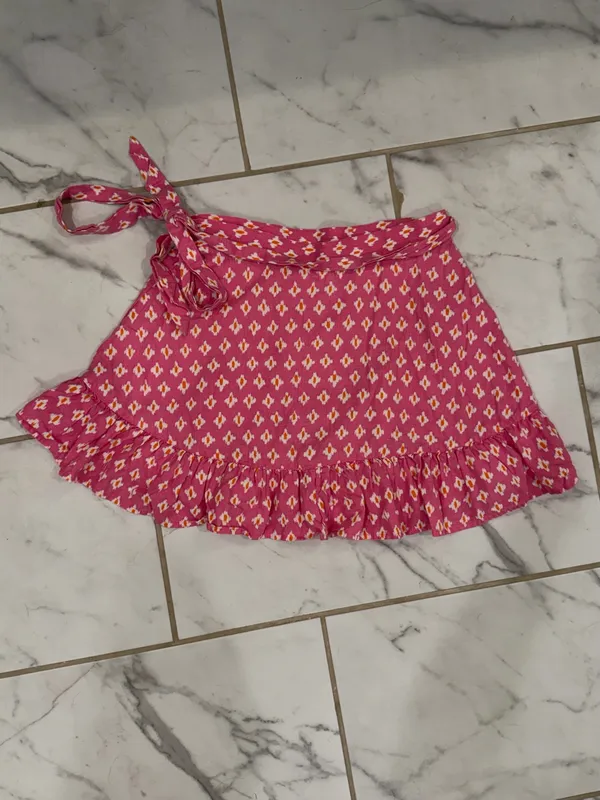 Aerie Pink Linen Blend Wrap Mini Skirt Ruffle Hem Cottagecore Medium - Image 8
