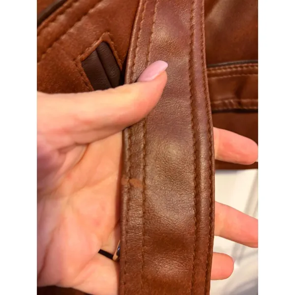 Vintage Kmart Leather Look Pantcoat‎ Brown Faux Leather Belted Jacket 70s 18.5 - Image 4