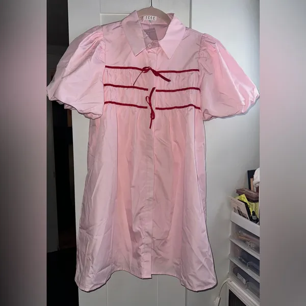 NEW TCEC PINK & Red Button UP Contrast Ribbon Mini Dress - Image 3