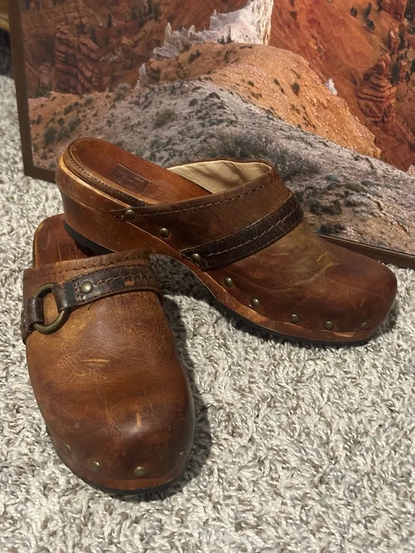 Frye Brown Distressed Leather Studded Clogs with Ring Strap - Image 2