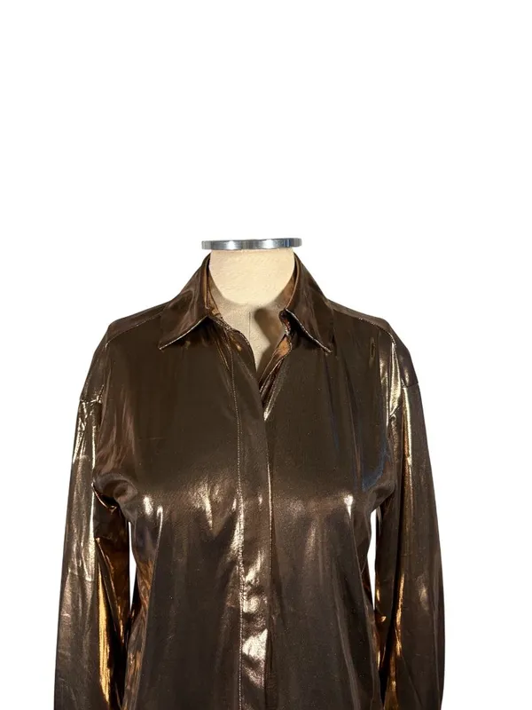 NEW Anthropologie Shine Metallic Copper Long Sleeve Button Up Shirt Size Small - Image 4