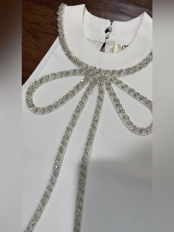 Embellished Bow Halter Tank Top in White - Image 3