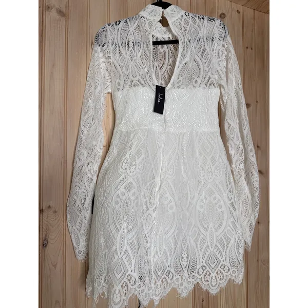 NWT Lulus Gorgeous Attraction White Lace Structured Long Sleeve Mini Dress Sz M - Image 6