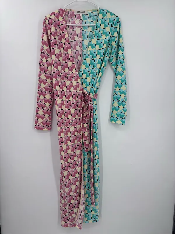 Diane Von Furstenberg Two-Tone Pink & Aqua Wrap Midi Dress - Image 3