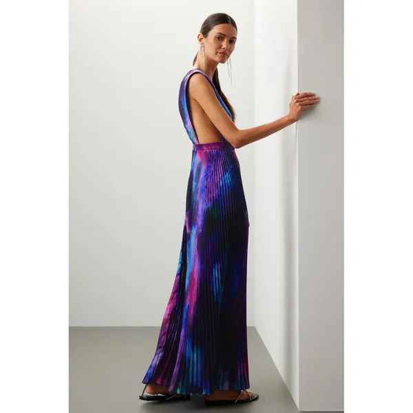 L'IDÉE Printed Gala Gown Pleated Deep Sea Blue Purple Tie Dye Maxi Dress 8 - Image 2