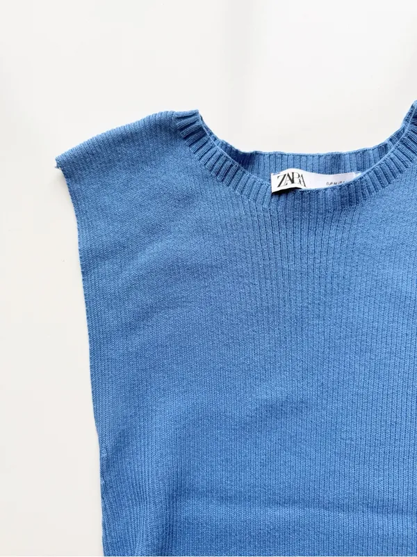 Zara Ruched Ribbed Knit Tank Blue size Medium - Image 2