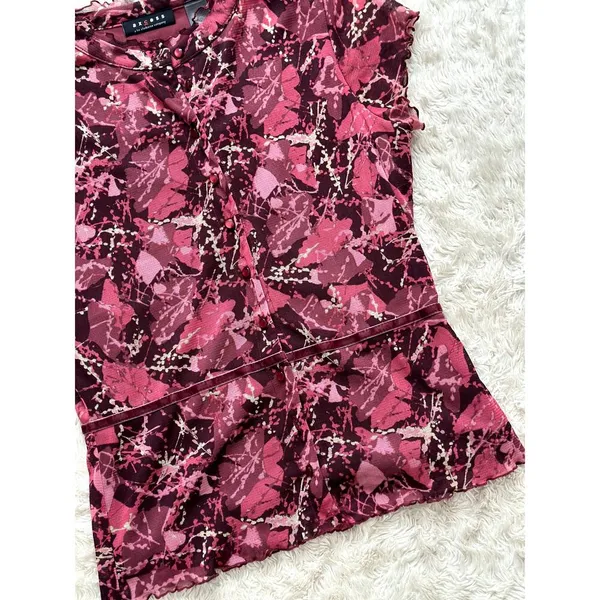 Vintage Cute Medium Y2K Mesh Sheer 90s Blouse Red Floral Lettuce Hem Whimsygoth - Image 3