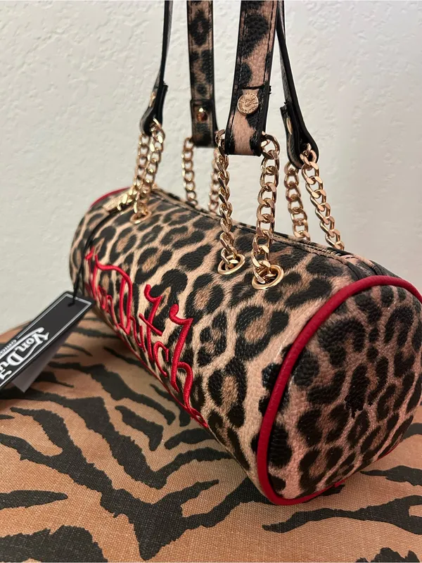 NEW Von Dutch Faux Leather Leopard Cheetah Animal Print Barrel Bag With Red Trim - Image 2