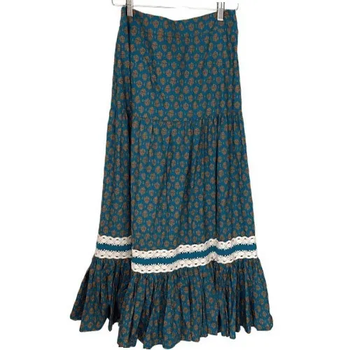 Luna Moon Tiered Maxi Skirt Teal Orange Floral Lace Trim Boho Festival‎ Medium - Image 3