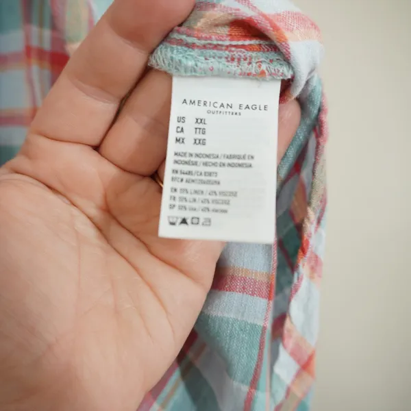 American Eagle Oversized Plaid Linen Blend Button Down Shirt XXL Short Sleeve - Image 6