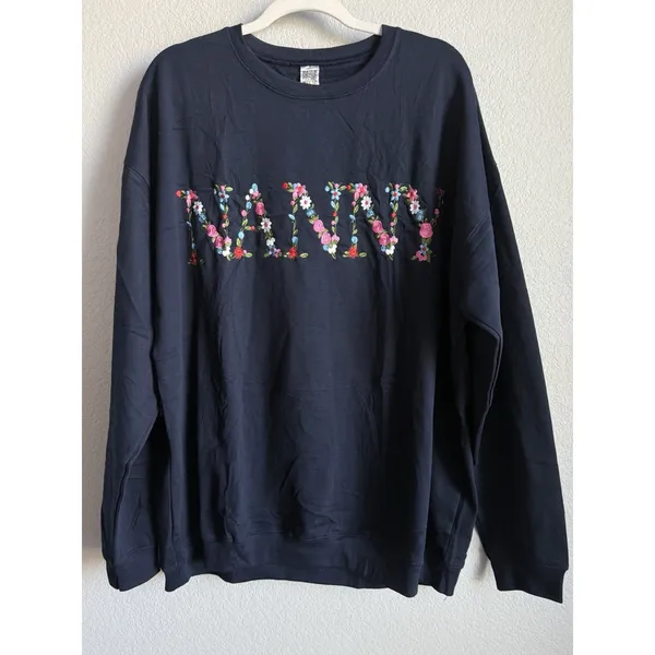 God Merch Embroidered Nanny Floral Sweatshirt Crewneck Navy Flower Grandma 2X - Image 5
