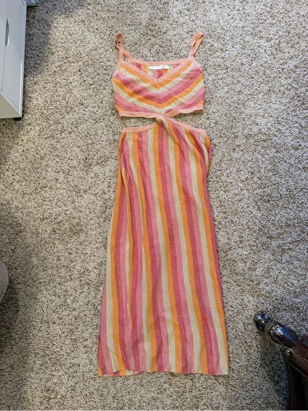 Altar'd State Pink, Orange & Cream Cutout Striped Maxi Dress - Image 3