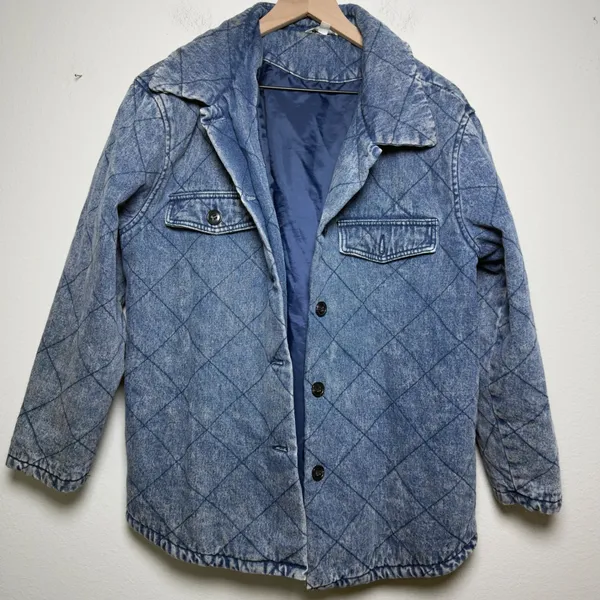 Vigoss Womens Cotton Denim Jacket L Blue Quilted Acid‎ Wash Shacket Western Boho - Image 3