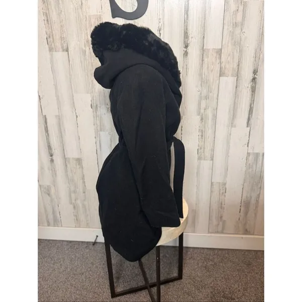 H&M Black Trench Coat Small | Faux Fur Collar Hooded Belted Winter Coat - Image 3