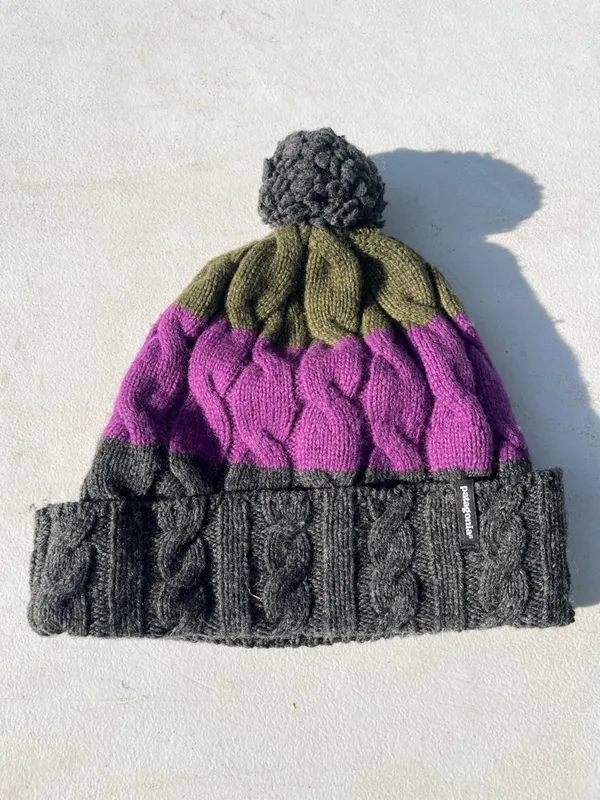 Patagonia Olive, Purple & Charcoal Cable Knit Pom Beanie - Image 2