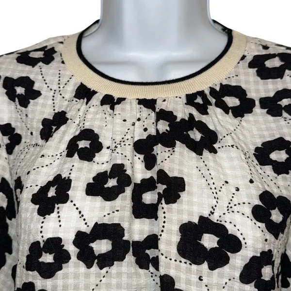 ANTHROPOLOGIE THML White & Cream With Black Floral Puff Sleeve Textured Top‎ S - Image 3