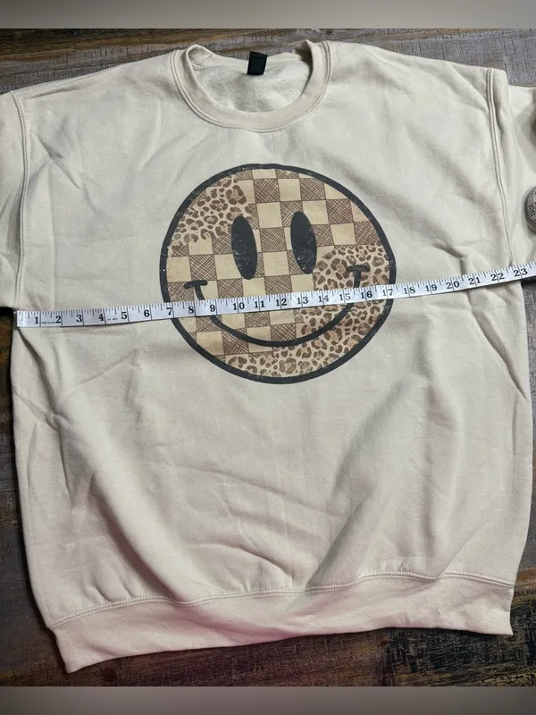 Gildan Tan Sweatshirt with Brown Checkered & Leopard Smiley Graphic - Image 6